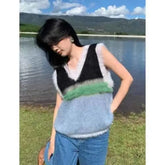 Color Block V-Neck Loose Knit Vest